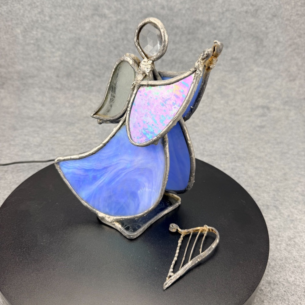 Handmade Stained Glass Angel Playing Harp Figurine Blue Iridescent 8in Decor